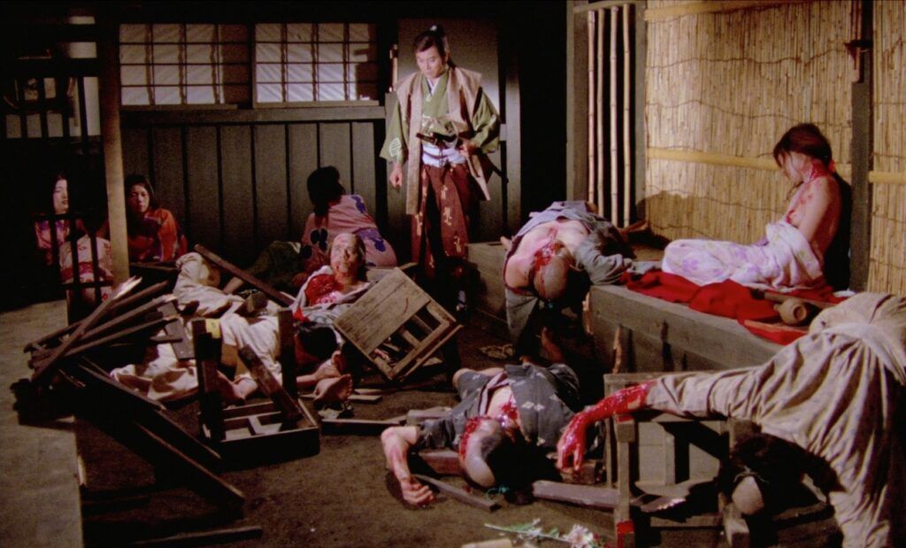 Shigeru Amachi investigates the bathhouse massacre in Paul Naschy's 1983 film The Beast and the Magic Sword